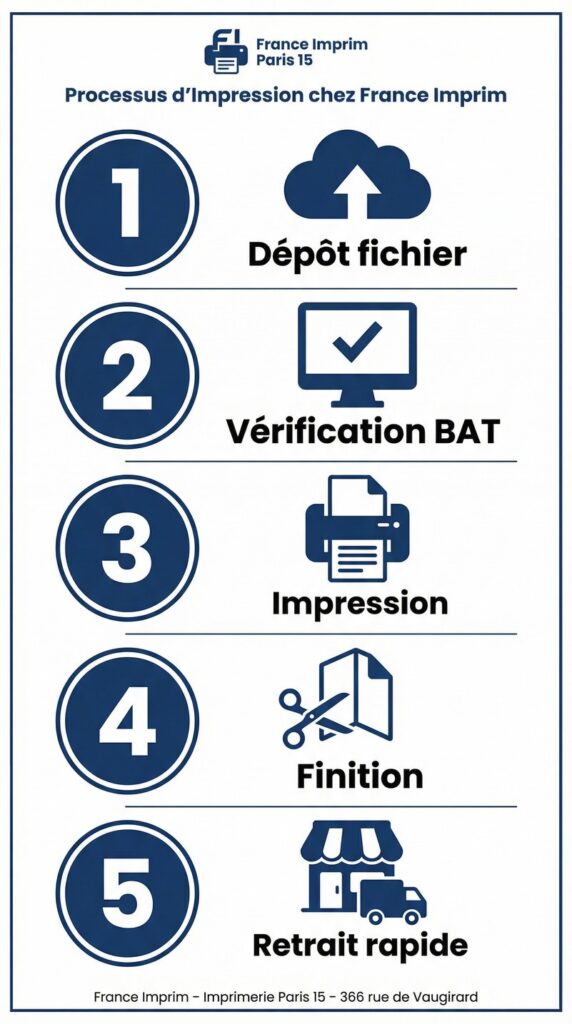 Processus impression Paris 15 en 5 étapes France Imprim dépôt fichier BAT impression finition retrait