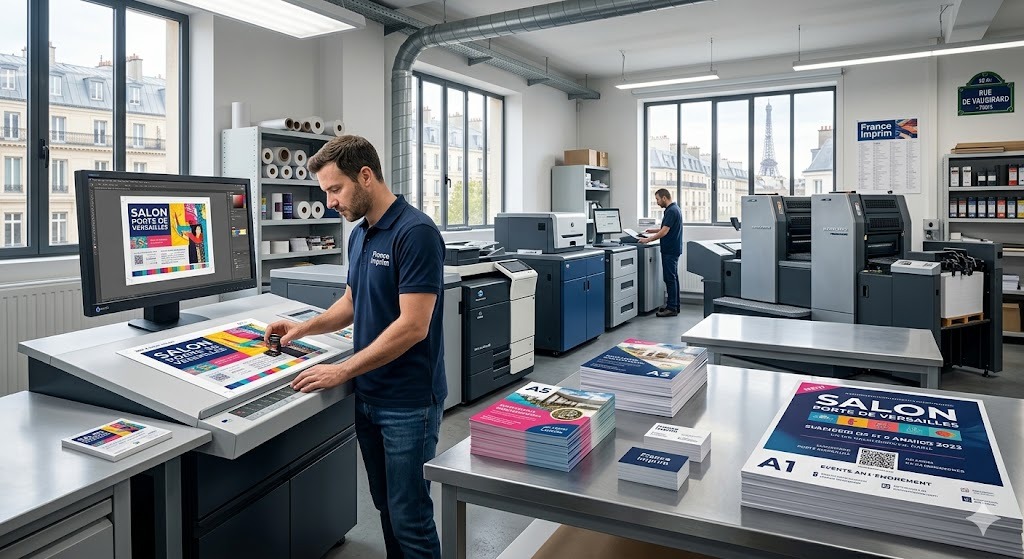 Un technicien de France Imprim à Paris 15 vérifie un BAT sur écran dans un atelier moderne de production print (offset et numérique), avec des piles de flyers, cartes de visite et affiches grand format prêtes pour la Porte de Versailles.