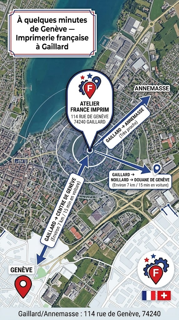 Une carte cartographique stylisée et précise de la zone frontalière franco-suisse, adaptée du style d'image_0.png. La base est une vue aérienne illustrée des zones urbaines et des routes de Gaillard, Annemasse et Genève, utilisant une palette de bleu, blanc, vert et des accents rouges. Un grand marqueur rouge central en forme de pointeur indique "ATELIER FRANCE IMPRIM", situé au "114 RUE DE GENÈVE, 74240 GAILLARD", couronné par une version stylisée du logo France Imprim (réinterprété à partir des éléments de star, engrenage et épingle d'image_0.png). Des cercles concentriques partent de ce point. Plusieurs flèches bleues professionnelles et des étiquettes indiquent des distances : une vers Annemasse ("GAILLARD → ANNEMASSE (Très proche)"), une vers la Douane de Moillesulaz, et une plus longue vers le centre de Genève ("GAILLARD → CENTRE DE GENÈVE (Environ 7 km / 15 min en voiture)"). Un panneau de texte d'angle, avec une bordure rouge et bleue comme dans image_0.png, indique "À quelques minutes de Genève – Imprimerie française à Gaillard". Un logo France Imprim révisé, un drapeau français et un drapeau suisse sont discrètement superposés dans un coin. Une bannière de texte au bas indique : "Gaillard/Annemasse : 114 rue de Genève, 74240". Le style est propre, professionnel et cartographique.