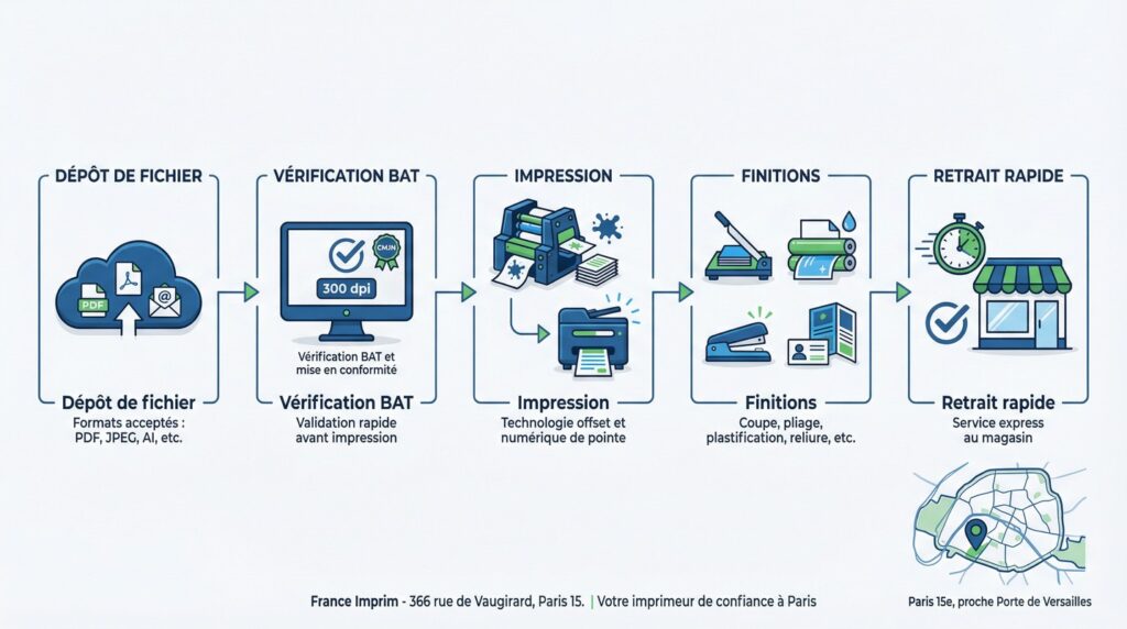 Infographie processus impression France Imprim Paris 15 dépôt fichier validation BAT impression finition retrait rapide