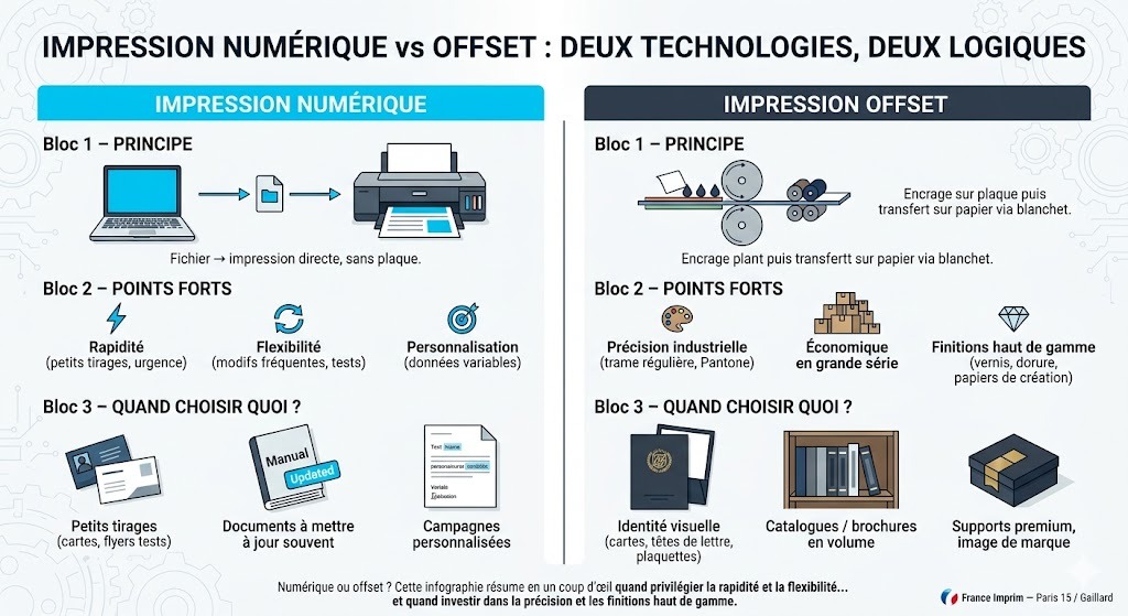 Infographie comparative impression numérique vs offset pour documents d'entreprise France Imprim Paris Gaillard.