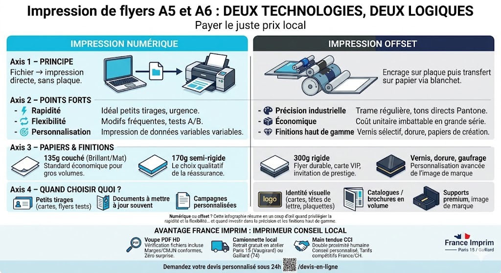Infographie comparative impression flyers A5 et A6 : guide des formats, quantités, papiers et avantages France Imprim Paris Gaillard.