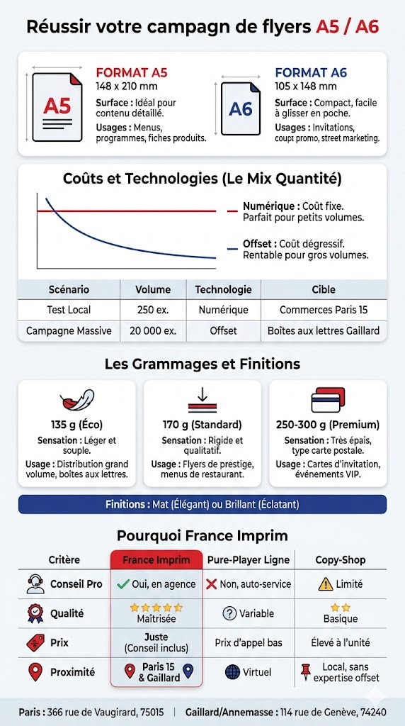 Une infographie professionnelle verticale pour France Imprim intitulée 'Réussir votre campagne de flyers A5 / A6'. Elle compare les formats A5 (148x210mm) et A6 (105x148mm) avec leurs dimensions et usages. Un graphique montre la dégressivité des coûts de l'impression numérique (coût fixe, petits volumes) versus l'offset (coût dégressif, gros volumes), avec un tableau de scénarios pour Paris 15 et Gaillard. Trois cartes présentent les grammages : 135g (Éco, boîtes aux lettres), 170g (Standard, prestige) et 250-300g (Premium, VIP/menus). Une section 'Pourquoi France Imprim' compare l'enseigne (conseil pro, qualité maîtrisée, prix juste, agences à Paris 15 et Gaillard) aux pure-players en ligne et copy-shops.