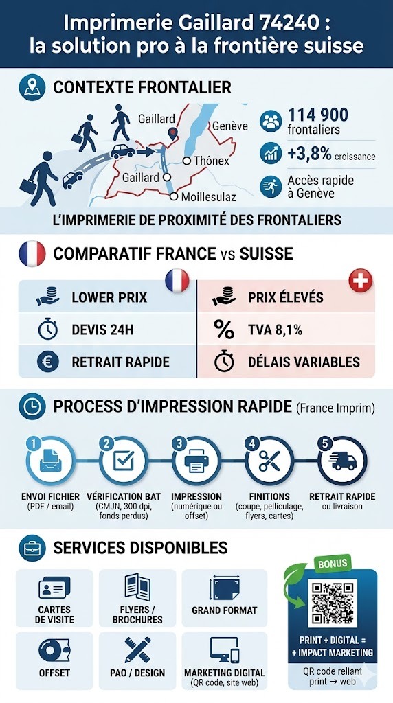 Infographie imprimerie Gaillard 74240 comparatif France Suisse impression rapide frontaliers Genève.
