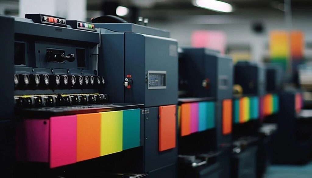 Presse d’impression offset multicolore dans un atelier professionnel