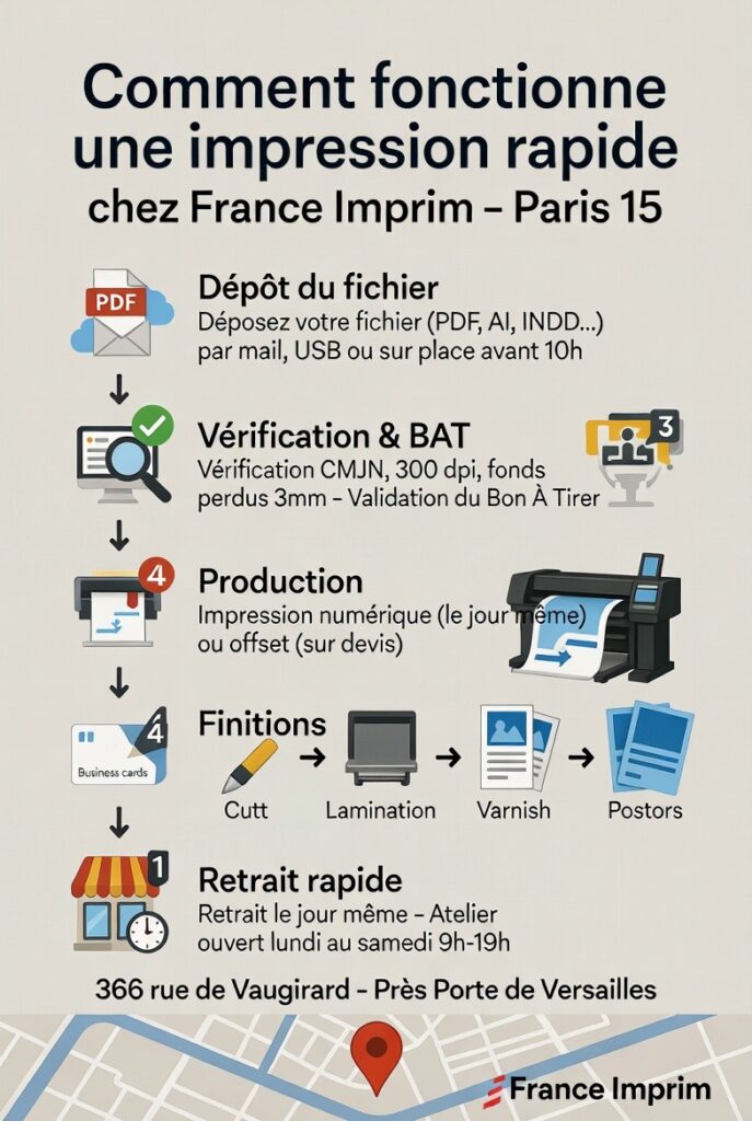 Infographie processus d’impression rapide chez France Imprim Paris 15 : dépôt du fichier, vérification BAT (CMJN, 300 dpi, fonds perdus), production numérique ou offset, finitions et retrait le jour même au 366 rue de Vaugirard près de la Porte de Versailles